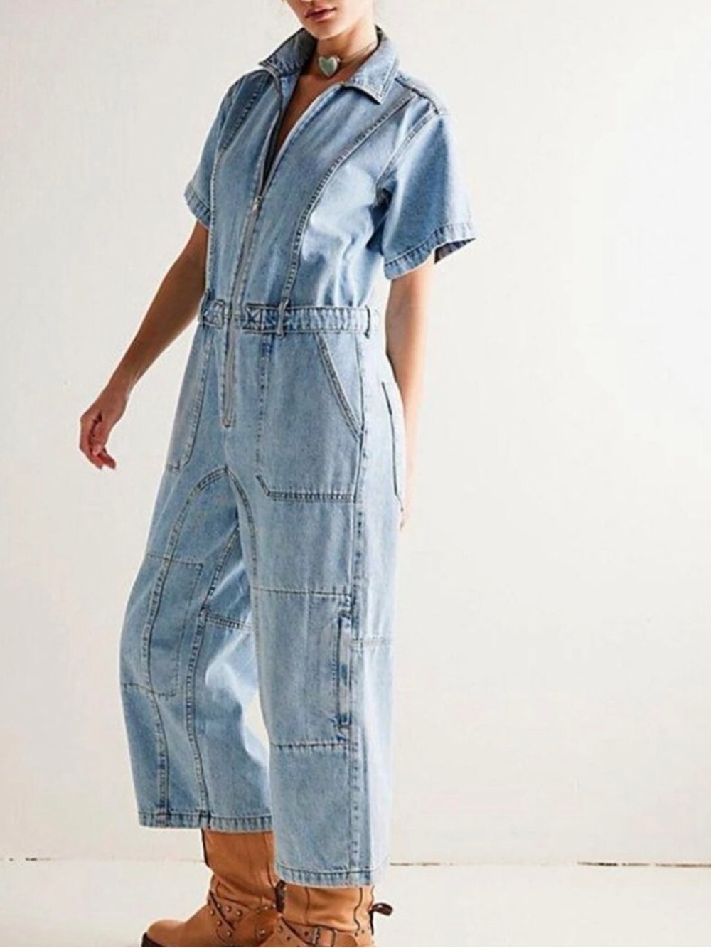 Free People Light Blue Denim Utility Jumpsuit